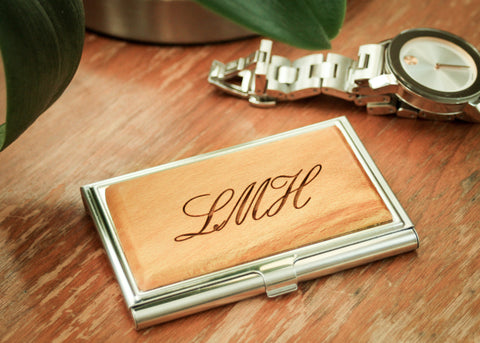 Stainless Steel and Alder Business Card Holder-personalized business card case-EngraveMeThis