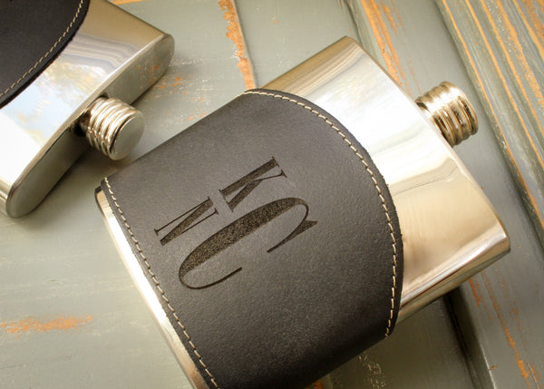 Black Top Grain Leather Flask-personalized top shelf leather flask-EngraveMeThis
