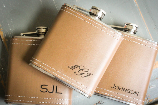 Light Tan Leather Flask-personalized top shelf leather flask-EngraveMeThis