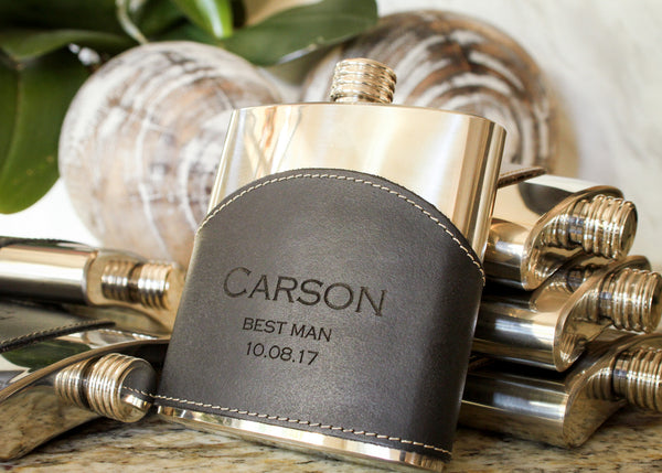 Leather Wrapped Flask in Black-personalized top shelf leather flask-EngraveMeThis