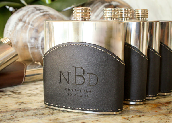 Monogrammed Leather Flask in Black-personalized top shelf leather flask-EngraveMeThis