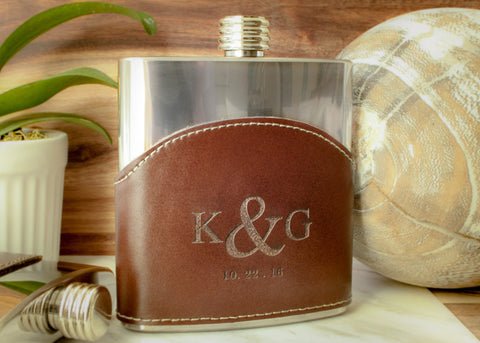 Monogrammed Leather Flask in Brown-personalized top shelf leather flask-EngraveMeThis