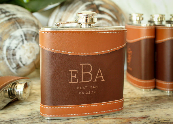 Flask in Two-Tone Brown Leather-personalized top shelf leather flask-EngraveMeThis